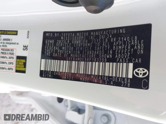 2024 Toyota Corolla LE с VIN 5YFB4MDEXRP183209, выставлен на аукционе IAAI как лот 41951119 с пробегом 5 506 миль миль и . История ставок и продаж доступна на DreamBid. Изображение 9.