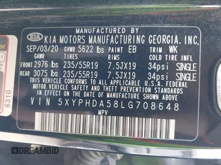 2020 Kia Sorento EX z VIN 5XYPHDA58LG708648, wystawiony jako IAAI lot #42022837 z przebiegiem 80 127 mil mil oraz . Historia ofert i sprzedaży dostępna na DreamBid. Obrazek 9.