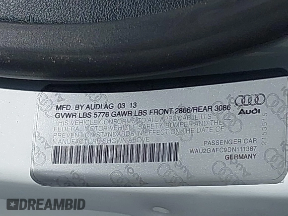 2013 Audi A7 Prestige with VIN WAU2GAFC9DN111387, listed as a IAAI auction lot 42710444 with 95,061 mi miles and . Bid and sale history available at DreamBid. Image 9.