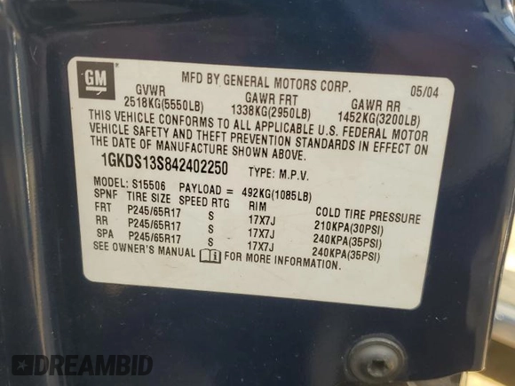 2004 GMC Envoy SLE with VIN 1GKDS13S842402250, listed as a Copart auction lot 54941005 with 163,380 mi miles and Salvage Title. Bid and sale history available at DreamBid. Image 14.
