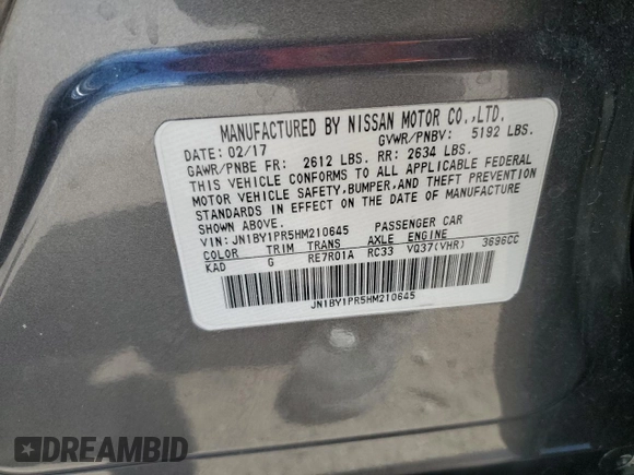 2017 Infiniti Q70 3.7 with VIN JN1BY1PR5HM210645, listed as a Copart auction lot 56575155 with 57,580 mi miles and Salvage title. Bid and sale history available at DreamBid. Image 12.