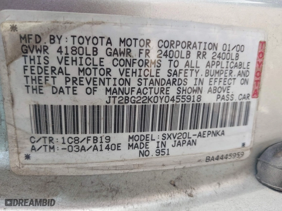 2000 Toyota Camry CE with VIN JT2BG22K0Y0455918, listed as a IAAI auction lot 41878066 with 267,164 mi miles. Bid and sale history available at carsss.com. Image 9.