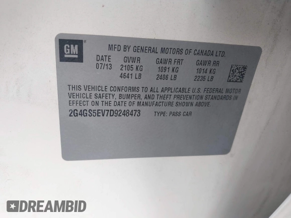 2013 Buick Regal Turbo Premium 1 with VIN 2G4GS5EV7D9248473, listed as a IAAI auction lot 42163380 with 131,643 mi miles and . Bid and sale history available at DreamBid. Image 9.