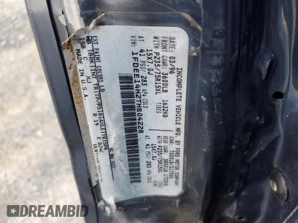 1996 Ford Econoline Cargo z VIN 1FDEE14H2THB04228, wystawiony jako Copart lot #85051754 z przebiegiem Nie podano mil oraz Szkoda całkowita • Salvage title. Historia ofert i sprzedaży dostępna na DreamBid. Obrazek 13.