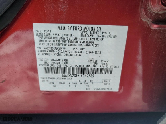 2020 Ford EcoSport SE with VIN MAJ3S2GE7LC349735, listed as a Copart auction lot 46449255 with 0 mi miles and Clean Title. Bid and sale history available at carsss.com. Image 13.
