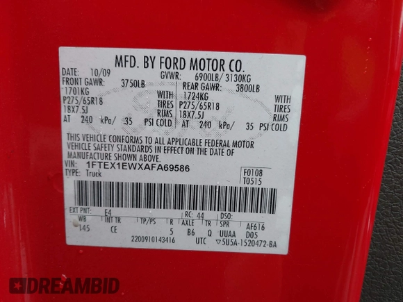 2010 Ford F-150 XL z VIN 1FTEX1EWXAFA69586, wystawiony jako IAAI lot #41947671 z przebiegiem 156 317 mil mil oraz . Historia ofert i sprzedaży dostępna na DreamBid. Obrazek 9.