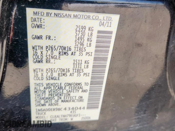 2011 Nissan Frontier SV z VIN 1N6AD0ER9BC434044, wystawiony jako Copart lot #57993875 z przebiegiem 204 565 mil mil oraz Szkoda całkowita • Salvage title. Historia ofert i sprzedaży dostępna na DreamBid. Obrazek 12.