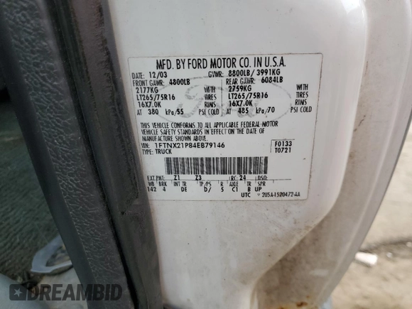 2004 Ford F-250 XL с VIN 1FTNX21P84EB79146, выставлен на аукционе Copart как лот 57551695 с пробегом Не указан миль и Списание • Salvage title. История ставок и продаж доступна на DreamBid. Изображение 12.