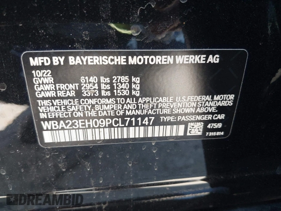 2023 BMW 7 Series 740i с VIN WBA23EH09PCL71147, выставлен на аукционе IAAI как лот 41906244 с пробегом 51 981 миль миль и . История ставок и продаж доступна на DreamBid. Изображение 9.