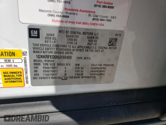 2017 Chevrolet Traverse LS with VIN 1GNKRFED9HJ180489, listed as a Copart auction lot 52387775 with Not provided miles and Salvage title. Bid and sale history available at DreamBid. Image 15.