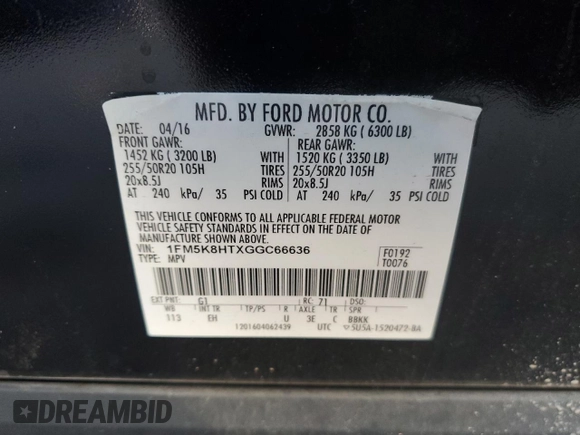 2016 Ford Explorer Platinum with VIN 1FM5K8HTXGGC66636, listed as a Copart auction lot 43134545 with 114,401 mi miles and Salvage Title. Bid and sale history available at DreamBid. Image 15.
