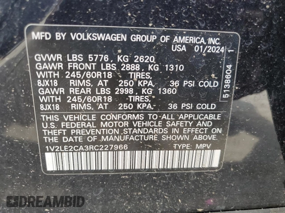 2024 Volkswagen Atlas SE with VIN 1V2LE2CA3RC227966, listed as a Copart auction lot 62483025 with 21,924 mi miles and Clean title. Bid and sale history available at DreamBid. Image 13.