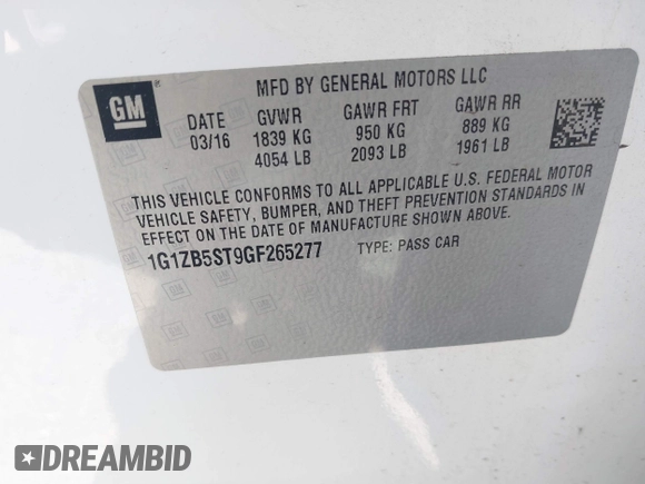 2016 Chevrolet Malibu LS with VIN 1G1ZB5ST9GF265277, listed as a IAAI auction lot 41423989 with 90,003 mi miles and . Bid and sale history available at DreamBid. Image 9.
