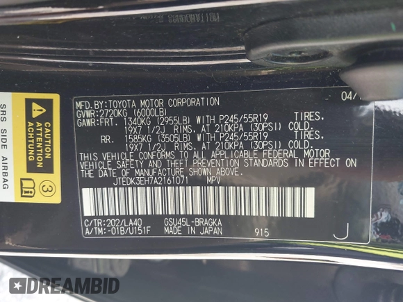 2010 Toyota Highlander Limited with VIN JTEDK3EH7A2161071, listed as a IAAI auction lot 42579513 with 187,348 mi miles and . Bid and sale history available at DreamBid. Image 9.