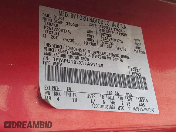 2001 Ford Expedition Eddie Bauer with VIN 1FMPU18LX1LA91135, listed as a IAAI auction lot 42737489 with 123,360 mi miles and . Bid and sale history available at DreamBid. Image 9.