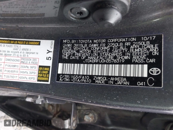 2017 Toyota Prius Two with VIN JTDKBRFU0H3578319, listed as a IAAI auction lot 42296867 with 84,316 mi miles and . Bid and sale history available at DreamBid. Image 9.