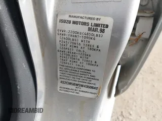 1998 Isuzu Rodeo S с VIN 4S2CM58W5W4350642, выставлен на аукционе IAAI как лот 41545706 с пробегом Не указан миль и . История ставок и продаж доступна на DreamBid. Изображение 9.