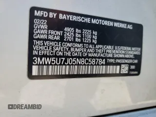 2022 BMW 3 Series M340i with VIN 3MW5U7J05N8C58784, listed as a Copart auction lot 82155364 with 23,376 mi miles and Salvage Title. Bid and sale history available at carsss.com. Image 15.