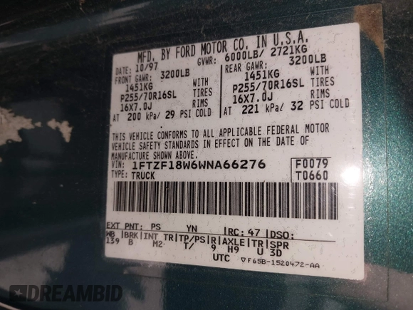 1998 Ford F-150 with VIN 1FTZF18W6WNA66276, listed as a IAAI auction lot 42266534 with 134,152 mi miles and . Bid and sale history available at DreamBid. Image 9.