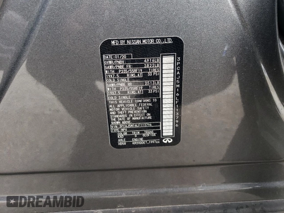 2020 Infiniti QX50 Essential z VIN 3PCAJ5M16LF113796, wystawiony jako Copart lot #48614265 z przebiegiem Nie podano mil oraz Szkoda całkowita • Salvage title. Historia ofert i sprzedaży dostępna na DreamBid. Obrazek 14.