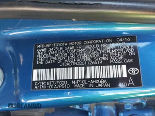 2016 Toyota Prius One z VIN JTDKDTB32G1126614, wystawiony jako IAAI lot #41970288 z przebiegiem 111 354 mil mil oraz . Historia ofert i sprzedaży dostępna na DreamBid. Obrazek 9.