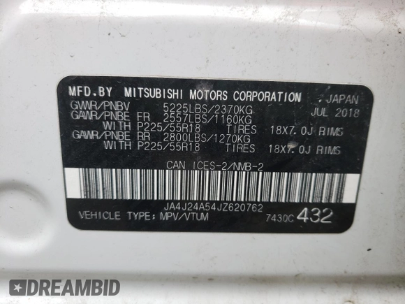 2018 Mitsubishi Outlander SEL with VIN JA4J24A54JZ620762, listed as a Copart auction lot 53100985 with 137,096 mi miles and Salvage title. Bid and sale history available at DreamBid. Image 12.