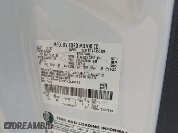2013 Ford F-150 XL with VIN 1FTFW1EF6DKD30621, listed as a IAAI auction lot 42697693 with 136,228 mi miles and . Bid and sale history available at DreamBid. Image 9.