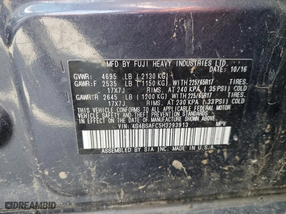 2017 Subaru Outback Premium with VIN 4S4BSAFC5H3293913, listed as a Copart auction lot 50085855 with 105,051 mi miles and Salvage Title. Bid and sale history available at carsss.com. Image 12.