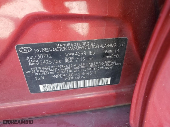 2012 Hyundai Sonata GLS PZEV with VIN 5NPEB4AC5CH464313, listed as a Copart auction lot 52917255 with 113,268 mi miles and Salvage Title. Bid and sale history available at carsss.com. Image 12.