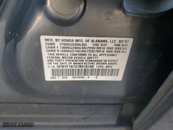 2007 Honda Pilot EX-L with VIN 5FNYF18757B016148, listed as a Copart auction lot 43143735 with 314,568 mi miles and Salvage Title. Bid and sale history available at carsss.com. Image 13.