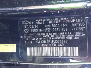 2015 Hyundai Genesis 3.8L with VIN KMHGN4JE1FU073697, listed as a IAAI auction lot 41743060 with 104,938 mi miles. Bid and sale history available at carsss.com. Image 9.