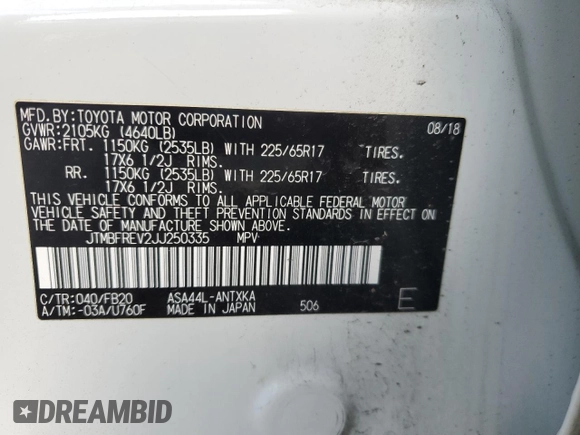 2018 Toyota RAV4 LE with VIN JTMBFREV2JJ250335, listed as a Copart auction lot 54396645 with 68,428 mi miles and Salvage Title. Bid and sale history available at carsss.com. Image 13.