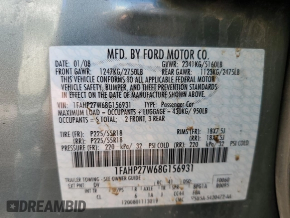 2008 Ford Taurus SEL with VIN 1FAHP27W68G156931, listed as a Copart auction lot 66286894 with 127,530 mi miles and Non Repairable. Bid and sale history available at carsss.com. Image 14.