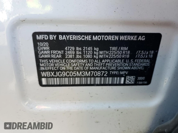 2021 BMW X1 xDrive28i с VIN WBXJG9C05M3M70872, выставлен на аукционе Copart как лот 48366915 с пробегом 40 662 миль миль и Списание • Salvage title. История ставок и продаж доступна на DreamBid. Изображение 13.