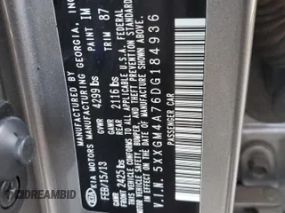 2013 Kia Optima LX with VIN 5XXGM4A76DG184936, listed as a Copart auction lot 51847645 with 134,696 mi miles and Clean Title. Bid and sale history available at carsss.com. Image 12.