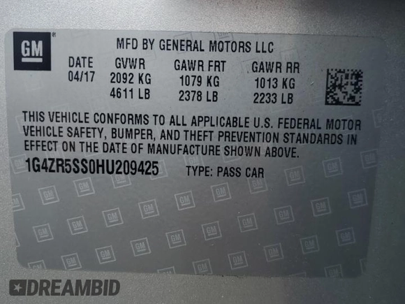 2017 Buick LaCrosse Premium with VIN 1G4ZR5SS0HU209425, listed as a Copart auction lot 62169965 with 83,250 mi miles and Salvage title. Bid and sale history available at DreamBid. Image 12.
