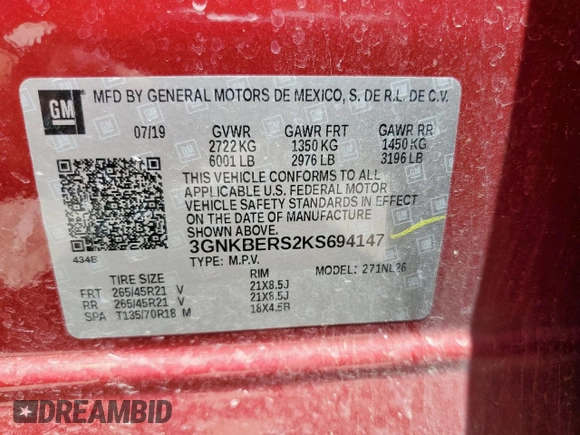 2019 Chevrolet Blazer RS с VIN 3GNKBERS2KS694147, выставлен на аукционе Copart как лот 57687495 с пробегом 43 190 миль миль и Списание • Salvage title. История ставок и продаж доступна на DreamBid. Изображение 14.