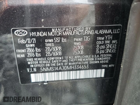 2021 Hyundai Santa Fe SE with VIN 5NMS14AJ0MH334653, listed as a Copart auction lot 51616905 with Not Provided miles and Salvage Title. Bid and sale history available at carsss.com. Image 14.