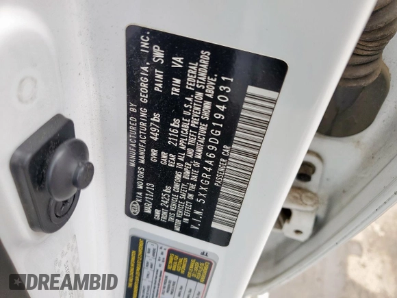 2013 Kia Optima SX with VIN 5XXGR4A69DG194031, listed as a Copart auction lot 60411945 with 120,419 mi miles and Clean title. Bid and sale history available at DreamBid. Image 12.