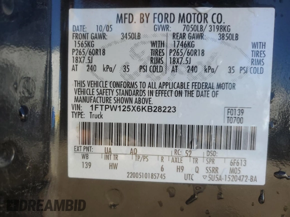 2006 Ford F-150 XLT with VIN 1FTPW125X6KB28223, listed as a Copart auction lot 47601075 with 208,959 mi miles and Salvage Title. Bid and sale history available at carsss.com. Image 12.