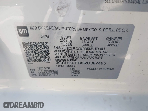 2024 Chevrolet Silverado 1500 with VIN 3GCUDFED0RG387405, listed as a IAAI auction lot 41590979 with 4,105 mi miles and . Bid and sale history available at DreamBid. Image 9.