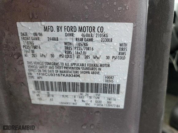2007 Ford Escape XLT with VIN 1FMCU93167KA93496, listed as a Copart auction lot 48530895 with 170,908 mi miles and Salvage Title. Bid and sale history available at carsss.com. Image 15.