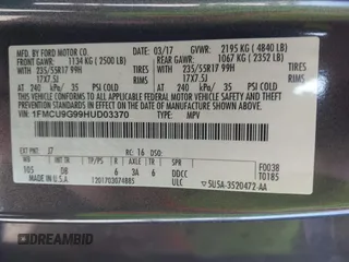 2017 Ford Escape SE with VIN 1FMCU9G99HUD03370, listed as a IAAI auction lot 41700809 with 136,575 mi miles. Bid and sale history available at carsss.com. Image 9.