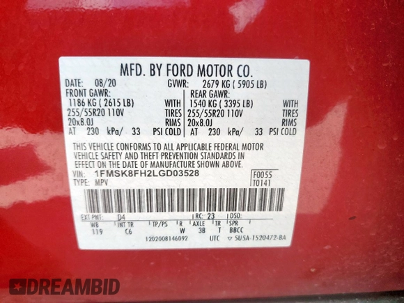 2020 Ford Explorer Limited z VIN 1FMSK8FH2LGD03528, wystawiony jako Copart lot #62380955 z przebiegiem 53 991 mil mil oraz Szkoda całkowita • Salvage title. Historia ofert i sprzedaży dostępna na DreamBid. Obrazek 13.