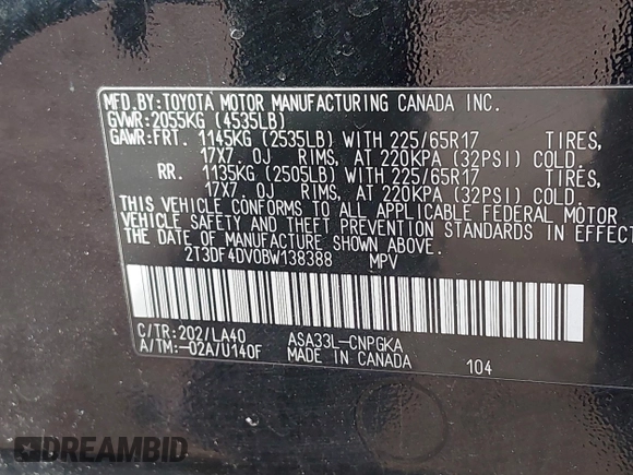 2011 Toyota RAV4 Ltd with VIN 2T3DF4DV0BW138388, listed as a IAAI auction lot 42062076 with 190,553 mi miles. Bid and sale history available at carsss.com. Image 9.