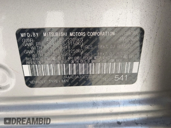 2020 Mitsubishi Outlander SE z VIN JA4AD3A30LZ029043, wystawiony jako IAAI lot #41976692 z przebiegiem 98 536 mil mil oraz . Historia ofert i sprzedaży dostępna na DreamBid. Obrazek 9.