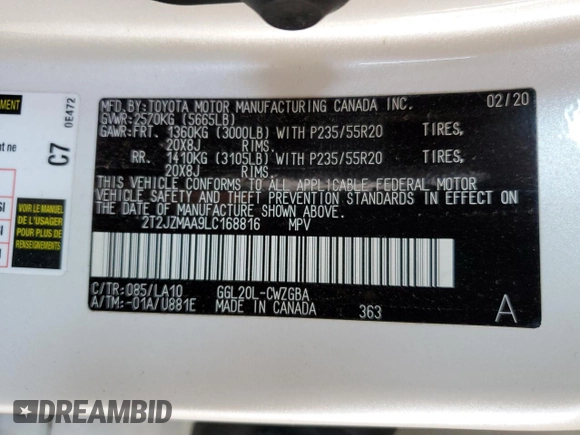 2020 Lexus RX 350 with VIN 2T2JZMAA9LC168816, listed as a Copart auction lot 59040685 with 17,035 mi miles and Salvage title. Bid and sale history available at DreamBid. Image 12.