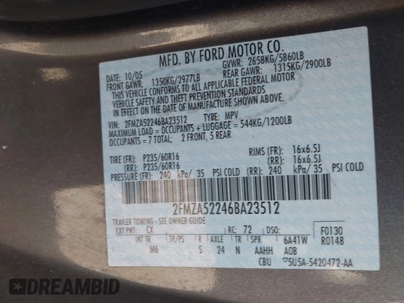 2006 Ford Freestar SEL z VIN 2FMZA52246BA23512, wystawiony jako IAAI lot #42081504 z przebiegiem Nie podano mil oraz . Historia ofert i sprzedaży dostępna na DreamBid. Obrazek 9.