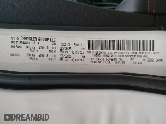 2015 Dodge Durango R/T with VIN 1C4SDHCT9FC689464, listed as a Copart auction lot 50212545 with 180,177 mi miles and Clean Title. Bid and sale history available at DreamBid. Image 13.