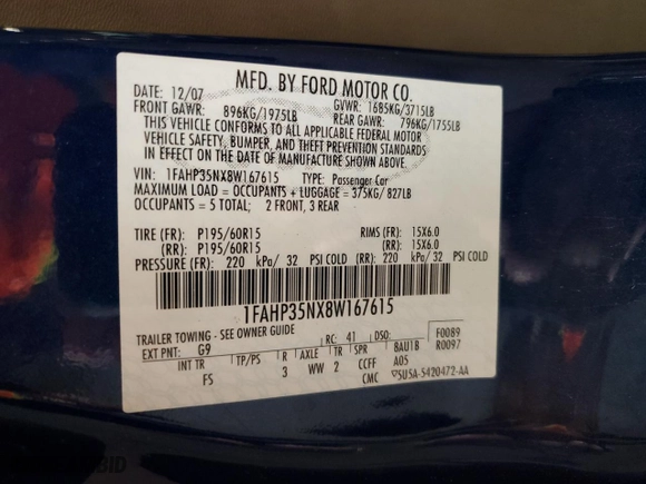 2008 Ford Focus SE with VIN 1FAHP35NX8W167615, listed as a Copart auction lot 49059675 with 193,183 mi miles and Salvage Title. Bid and sale history available at carsss.com. Image 13.